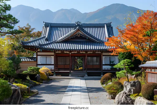 A beautiful Japanese temple with autumn leaves