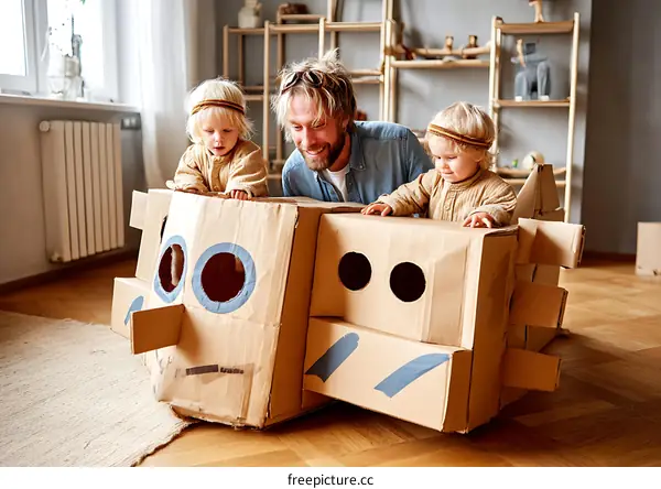 Father and Two Children Playing with Cardboard Airplane