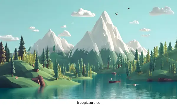 Low Poly Mountain Landscape with Boat and Birds