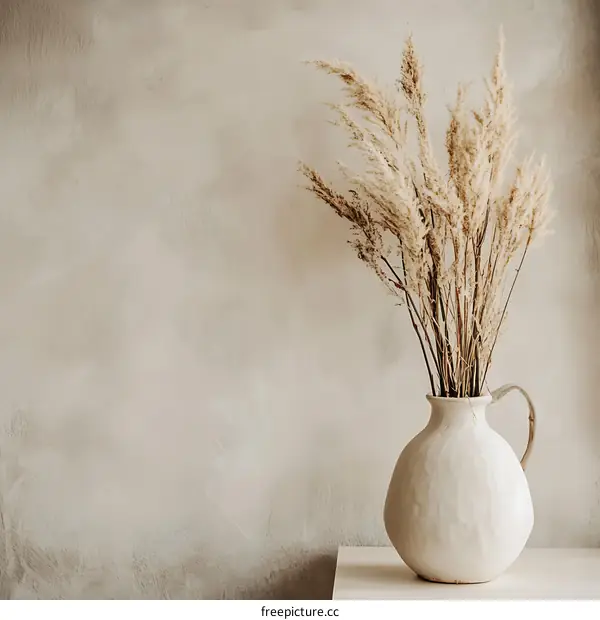 Dried Pampas Grass in White Vase on Rustic Background
