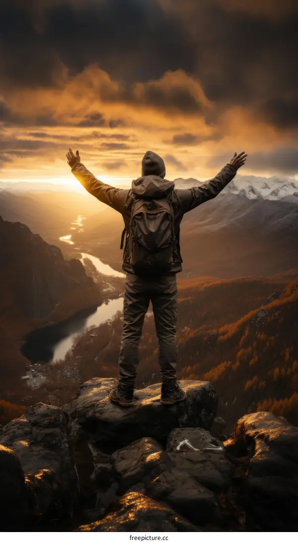 man standing on a mountaintop with his arms outstretched enjoying the view