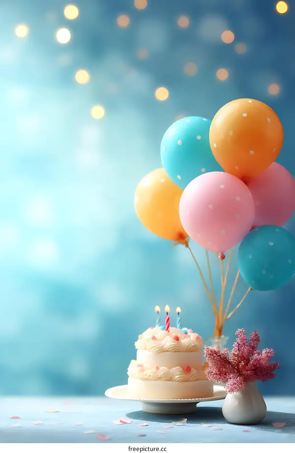 Birthday Cake with Colorful Balloons and Decorations
