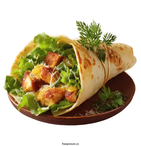 [Transparent Background PNG]Delicious Chicken Caesar Wrap on Wooden Plate