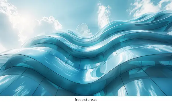 Wavy Glass Facade of a Futuristic Building with Blue Sky