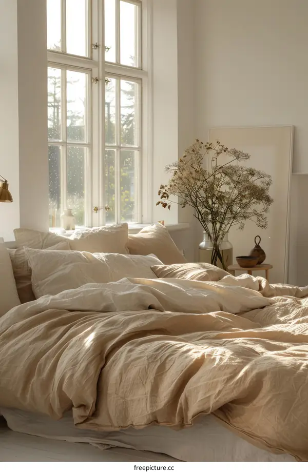 Cozy Bedroom with Big Window and Flowers on Nightstand