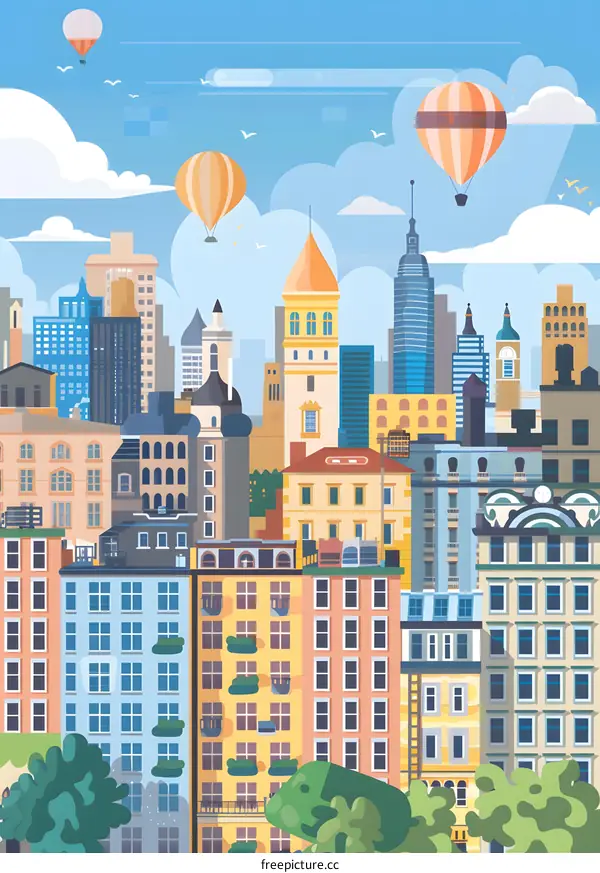 Colorful Cityscape With Hot Air Balloons Illustration