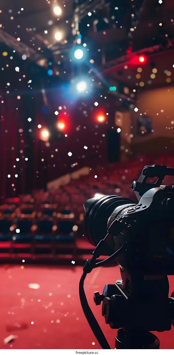 Camera On Stage With Lights And Snow Effects