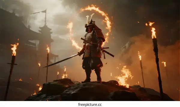 Samurai standing on rocky hill with fire circle and torches at night