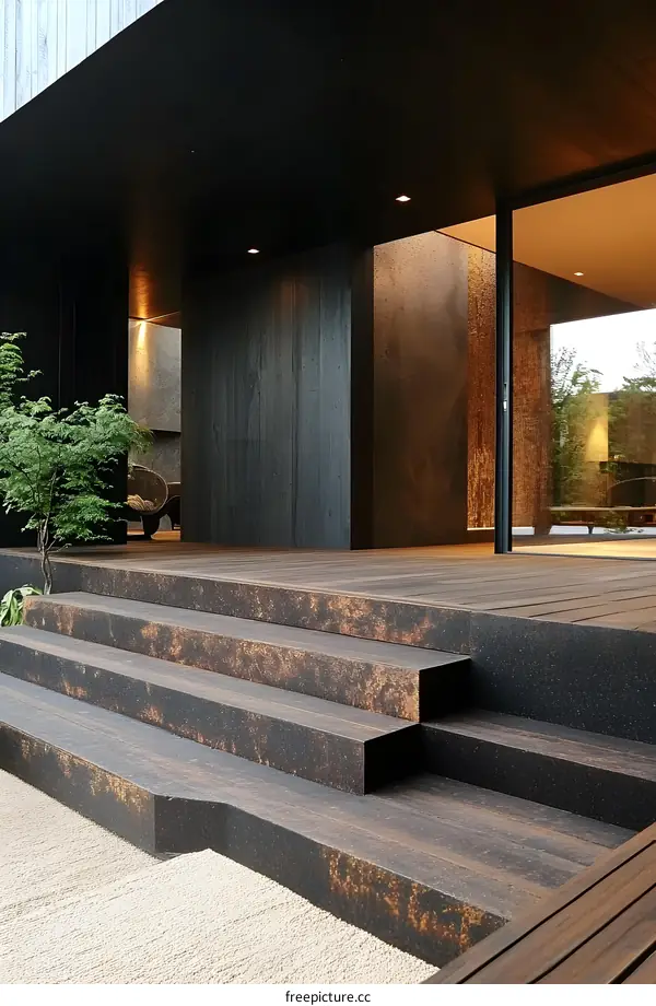 Modern Minimalist Home Entrance with Wooden Steps and Patio