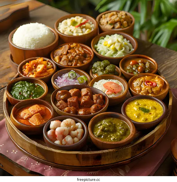 Assortment of Dishes in Wooden Bowls on Wooden Tray