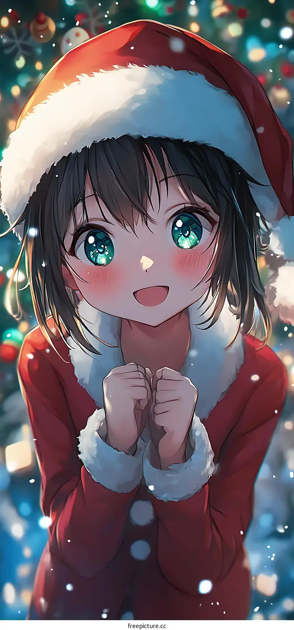 Cute Anime Girl in Santa Hat in Winter Wonderland