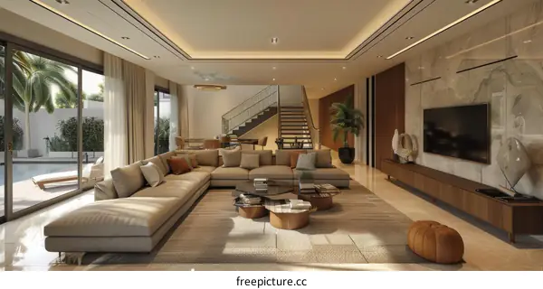 Modern Living Room with Pool View