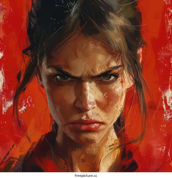 Portrait of a determined young woman with brown hair and red background