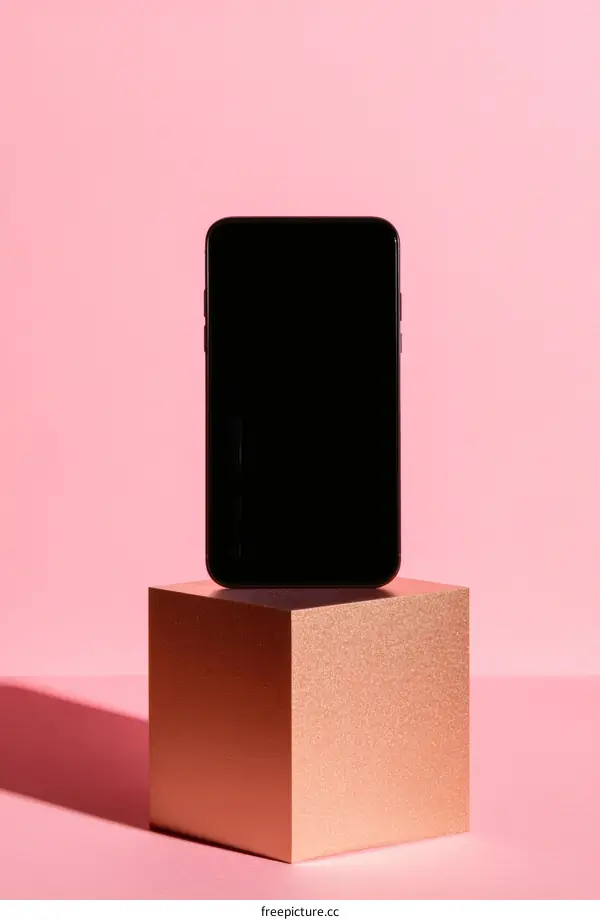 Stylish Black Smartphone on Rose Gold Display Cube