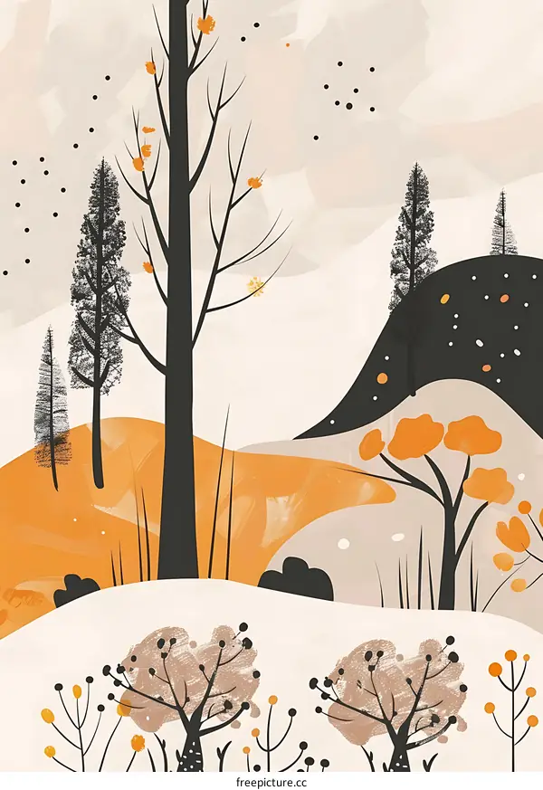 Abstract Autumn Landscape with Trees and Hills