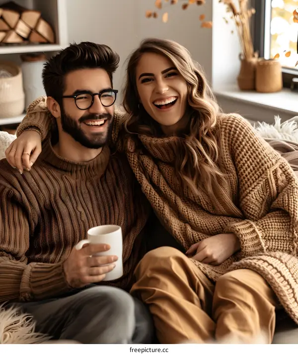 Couple Sitting on Couch, Wearing Sweaters, Holding Coffee Cup