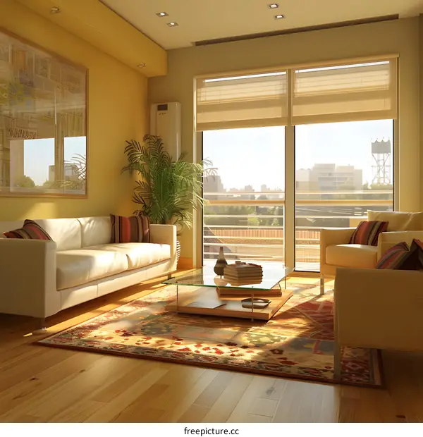 A bright and sunny living room with a large window and a colorful rug