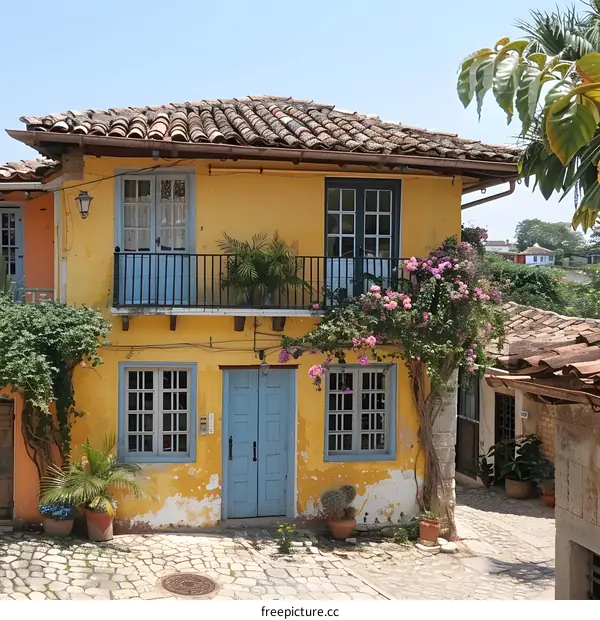 A colorful colonial house with a blue door and a balcony with plants