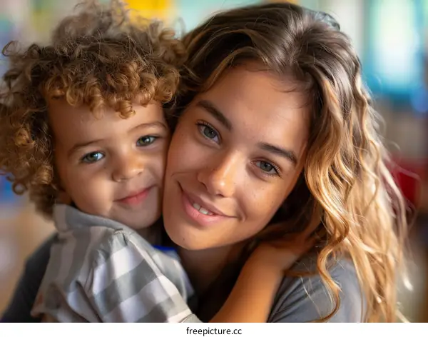 A mother and her son are smiling and hugging.