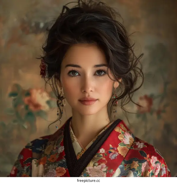 Portrait of a beautiful young woman in a red kimono
