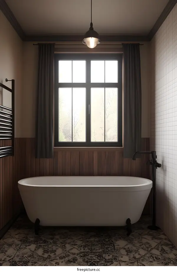 Modern Bathroom Interior Design with White Bathtub and Wooden Wall Panels