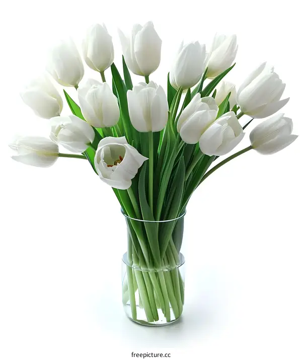 A bouquet of white tulips in a glass vase