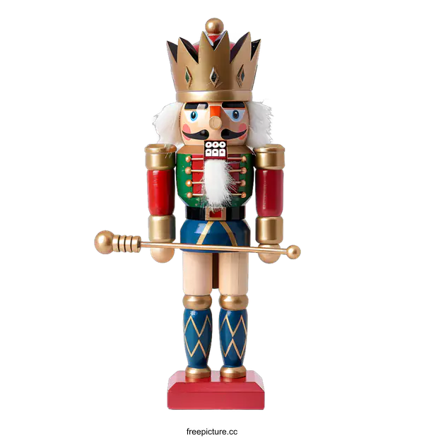 [Transparent Background PNG]Traditional Wooden Nutcracker Toy with Gold Crown and Staff