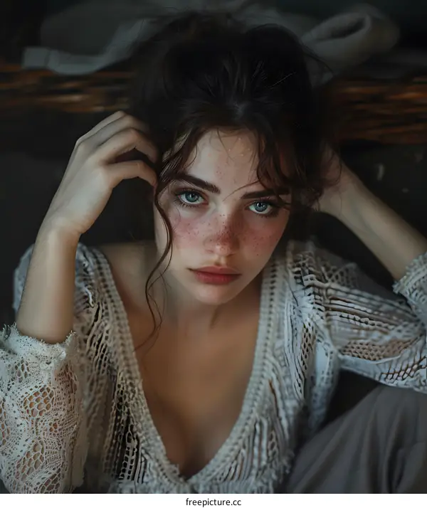 portrait of a beautiful young woman with freckles and blue eyes