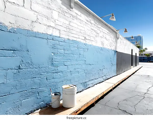 Painted Brick Wall with Wooden Platform