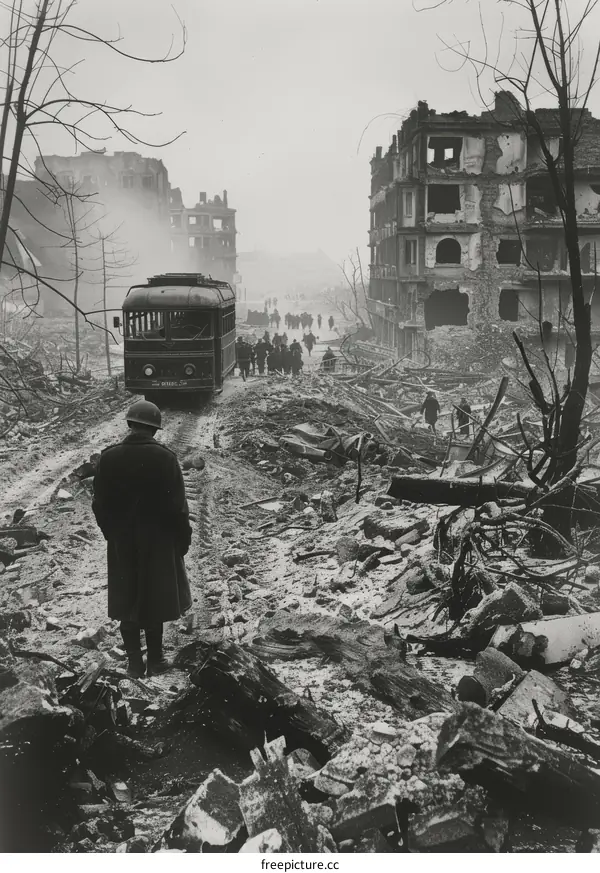 A lone soldier stands in the middle of a war-torn city street.