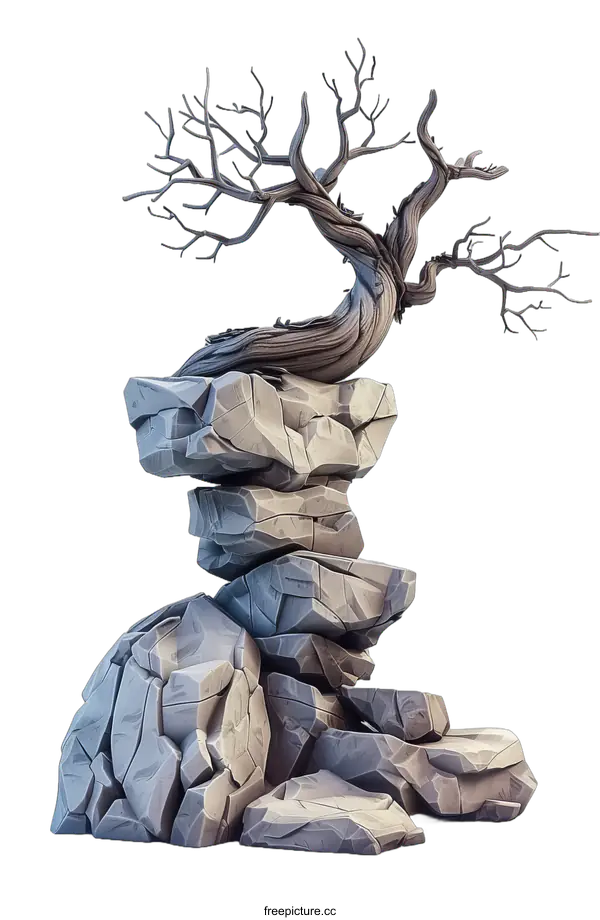 [Transparent Background PNG]gnarled tree on rock outcropping