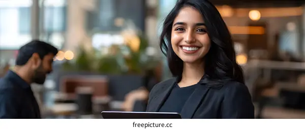 Smiling Woman Holding Tablet in Business Setting