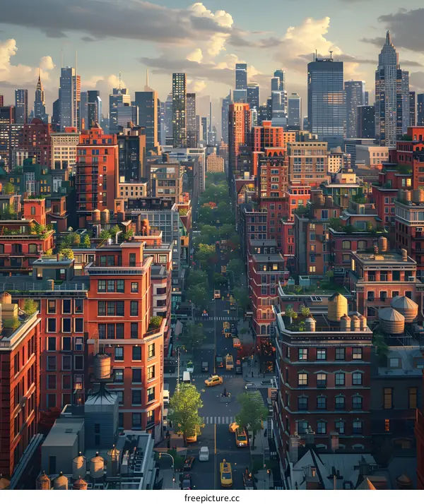 A birds eye view of a street in New York City