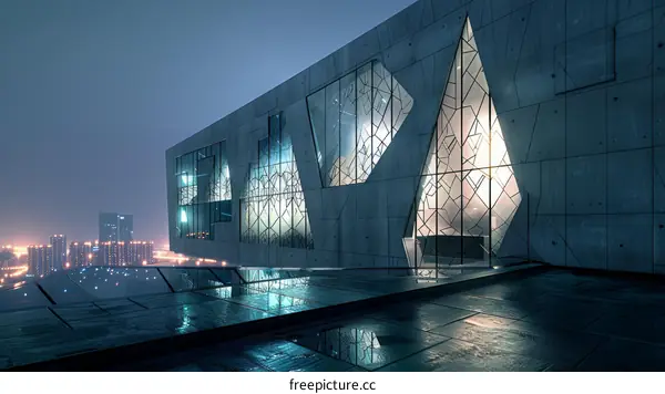 A modern geometric building with a city skyline in the background