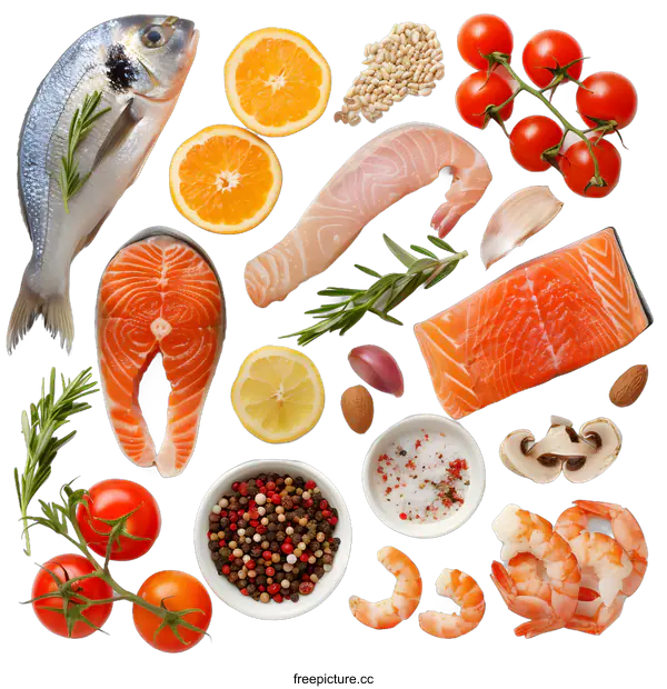 [Transparent Background PNG]Fresh Seafood Ingredients with Herbs and Spices