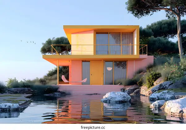 A modern house with a pool reflecting the sky