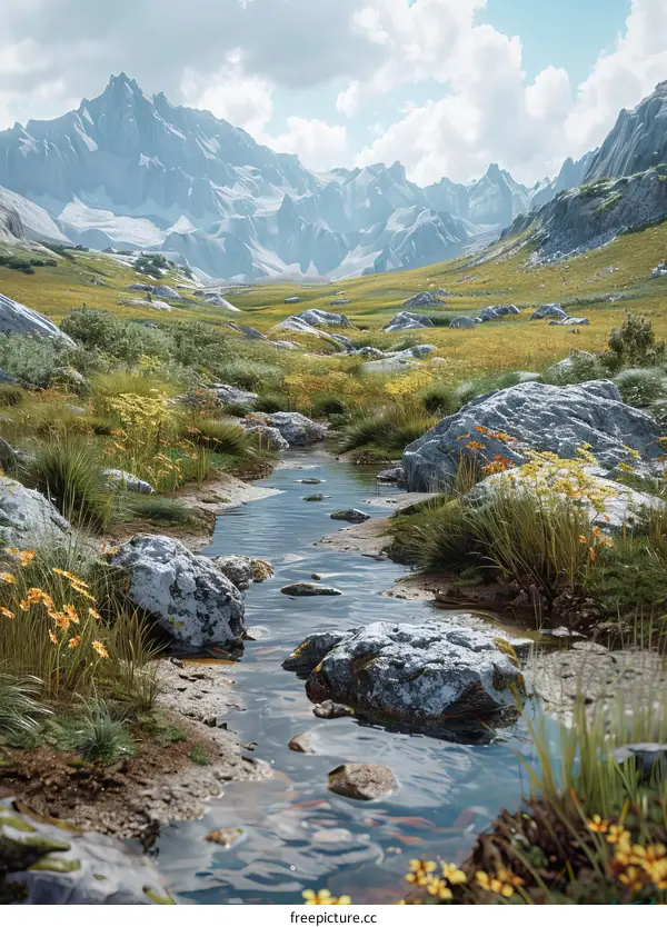 Stunning Alpine Meadow with Flowing River amidst Majestic Snow Capped Mountains