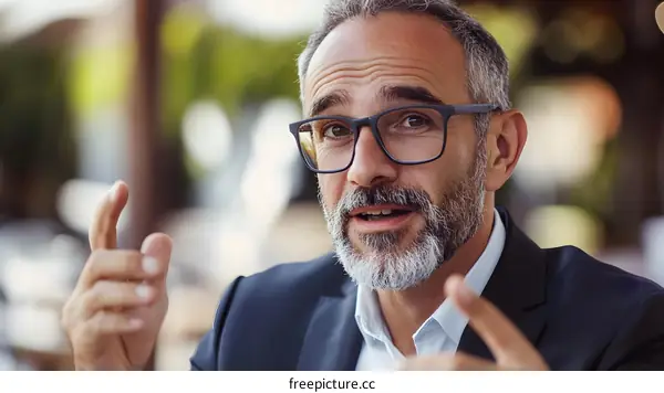 Portrait of a Middle-Aged Man with Gray Hair and a Beard Wearing Glasses and a Suit