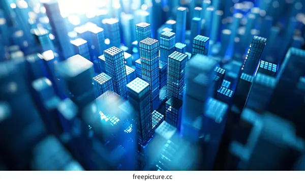 Blue translucent 3D rendering of a futuristic city