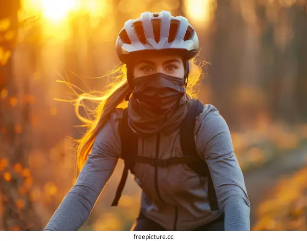 Young woman riding a bike in the woods with a mask on