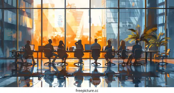Silhouettes of People Working in a Modern Office with City View