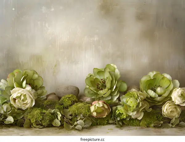 Green Flowers and Moss with Stones Background