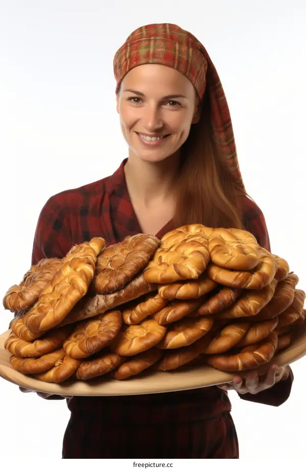 Baker woman holding a large wooden tray full of baked goods