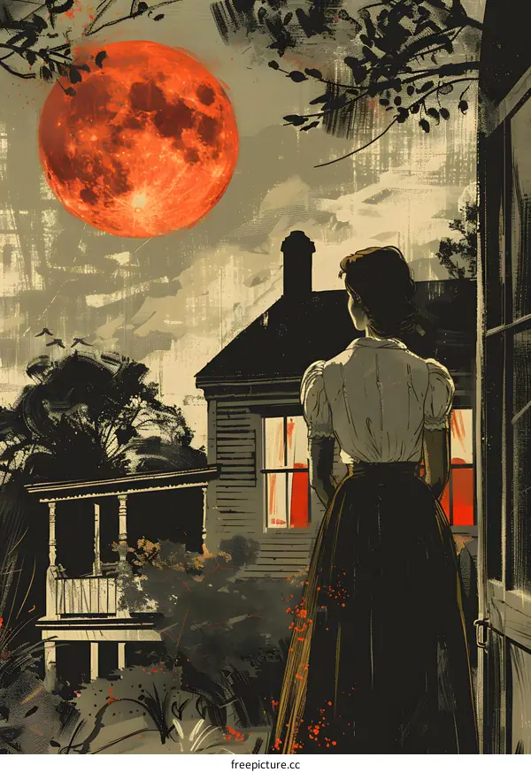 A woman looking at a red moon