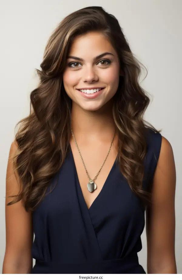 Beautiful young woman with long brown hair smiling wearing a blue dress