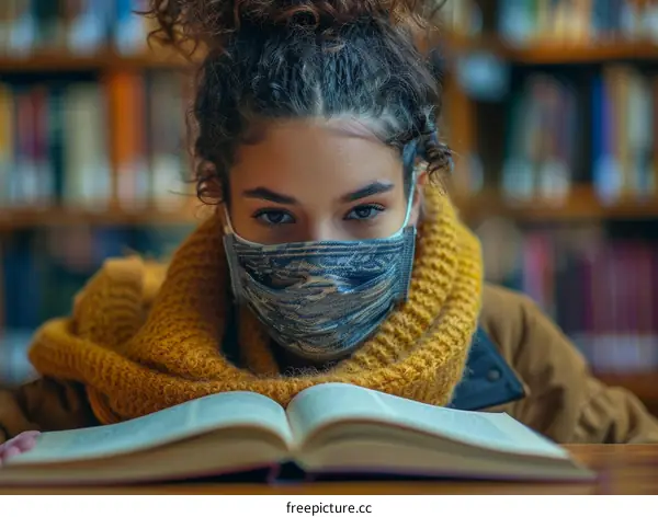 A young woman wearing a mask is reading a book in a library.