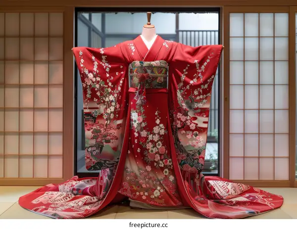 Japanese Bride Wearing a Traditional Red Kimono