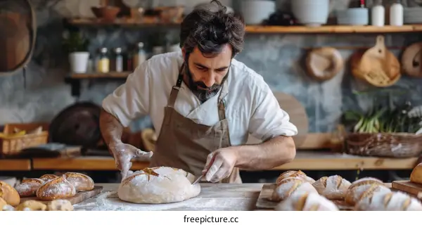 Baker carefully scoring the top of a loaf of bread with a lame