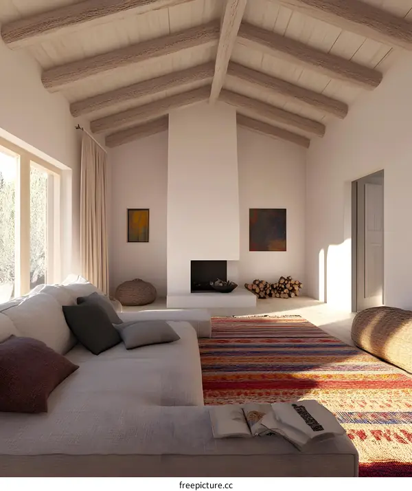 Modern Living Room Interior Design with Wooden Beam Ceiling and Colorful Rug