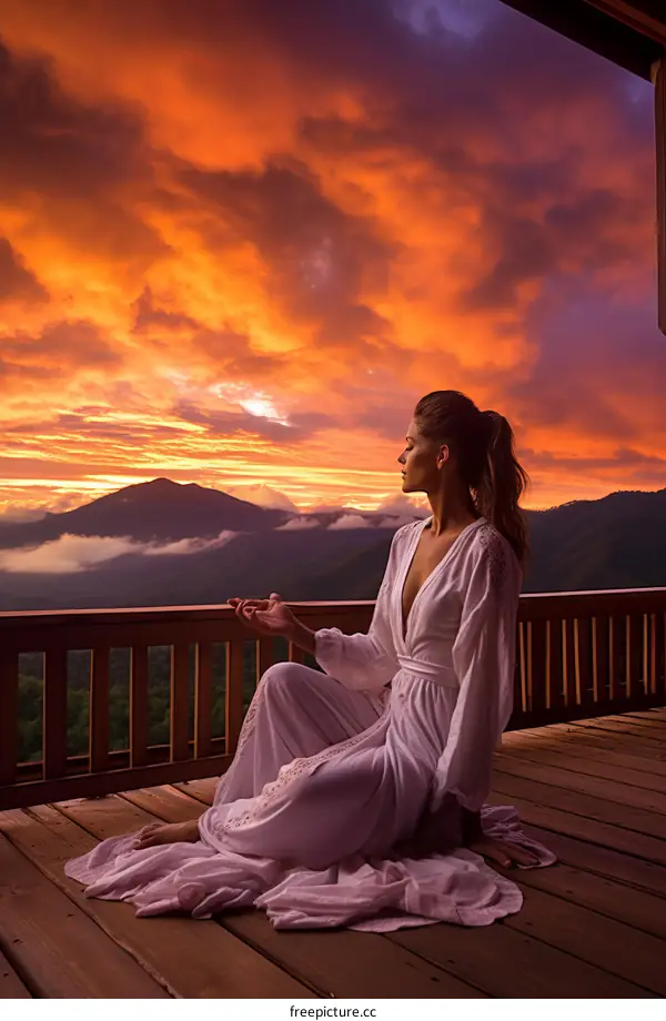 woman in white dress watching sunset over mountain range